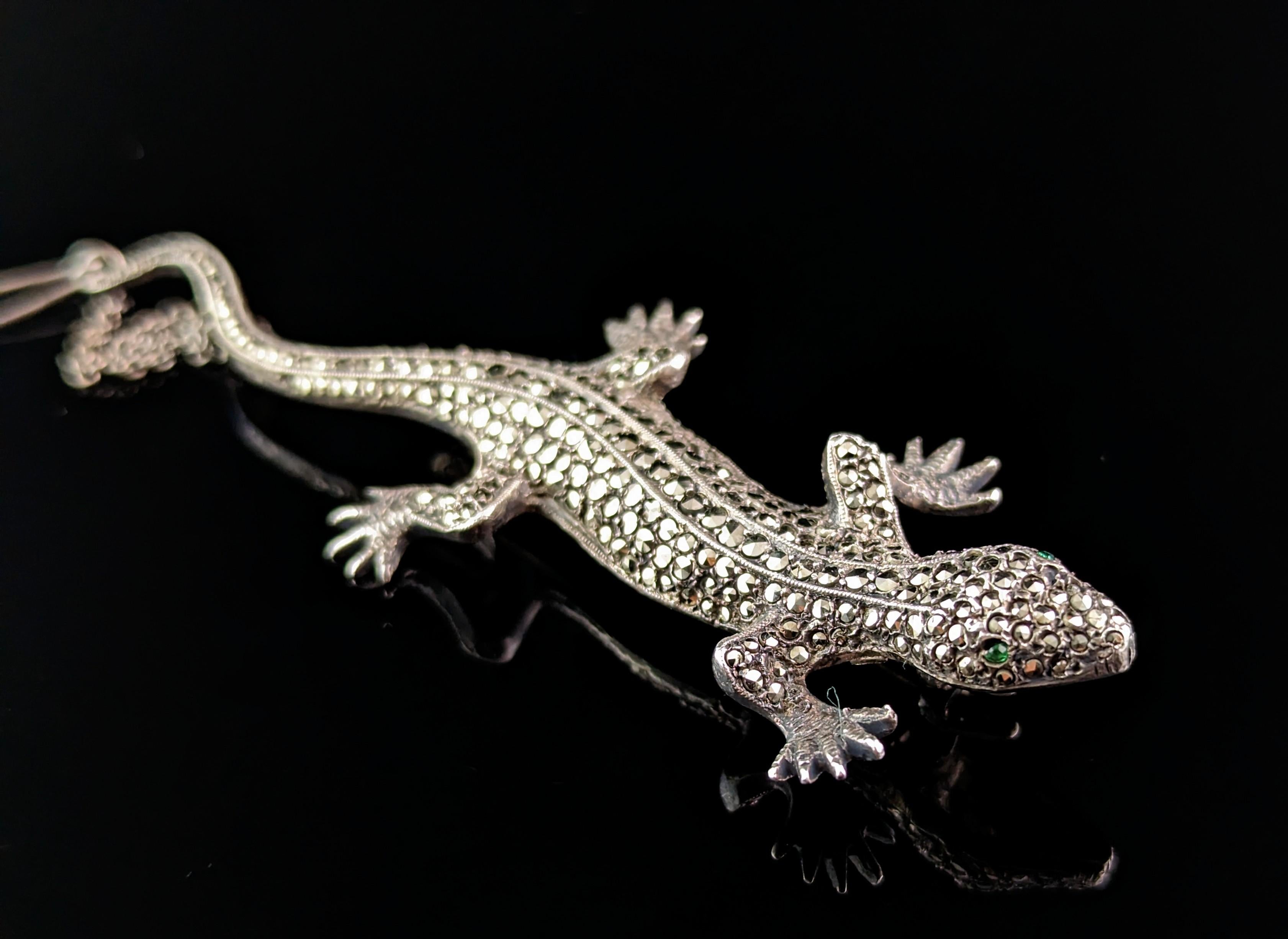 Vintage Art Deco Marcasite Lizard Brooch, 800 Silver 2