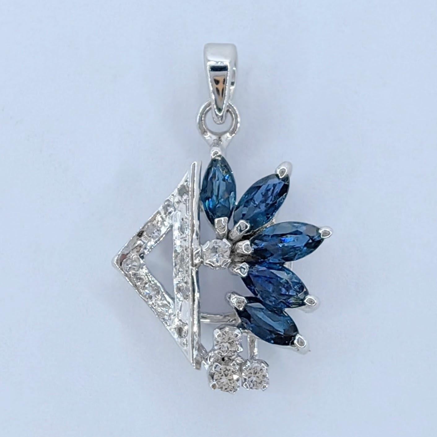 Introducing our exquisite Vintage Art Deco-inspired Marquise Blue Sapphire Diamond Necklace Pendant, a captivating and sophisticated piece.

At its heart, five marquise-cut deep blue sapphires create a stunning focal point, elegantly pointing