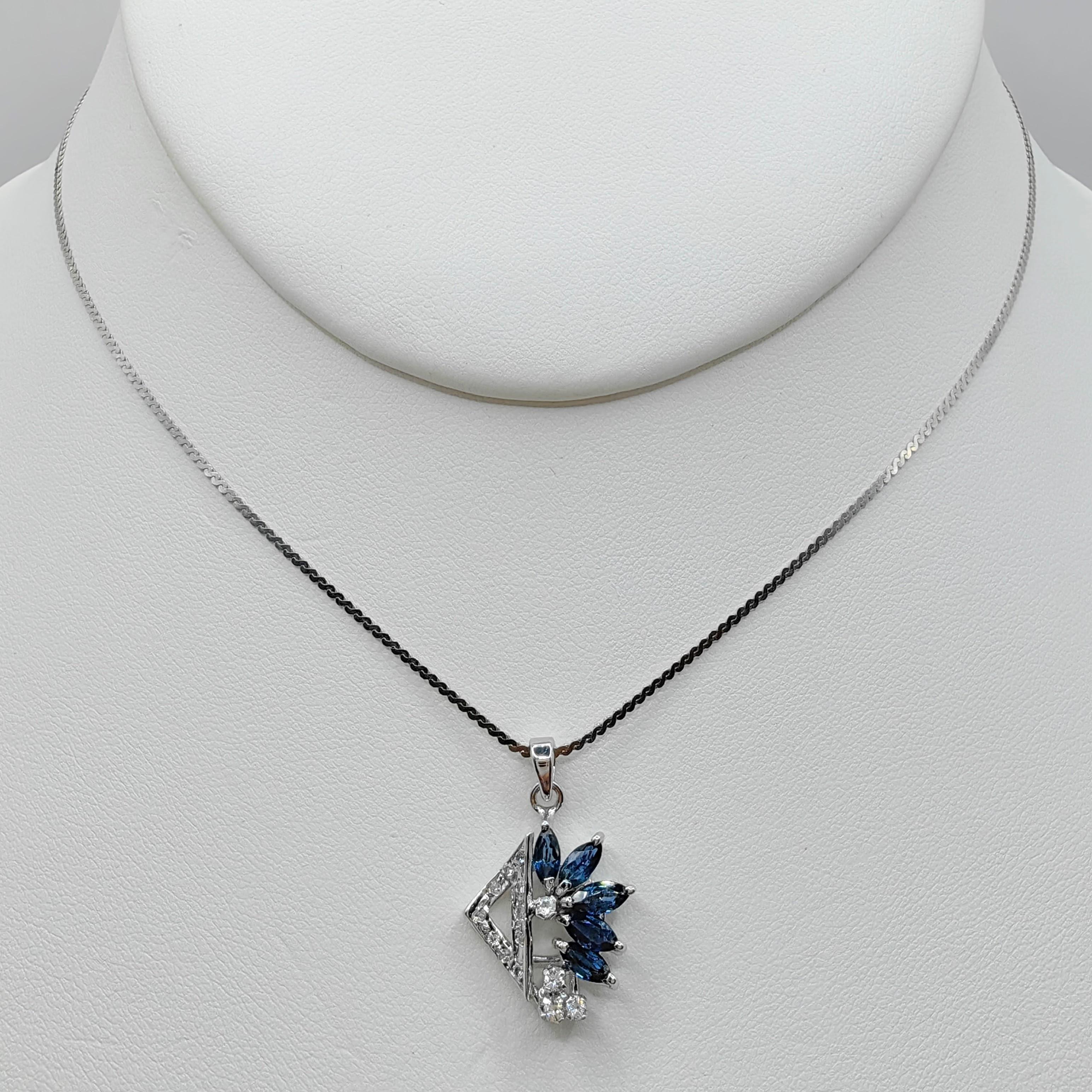 Vintage Art Deco Marquise Blue Sapphire Diamond 8K White Gold Necklace Pendant In New Condition For Sale In Wan Chai District, HK