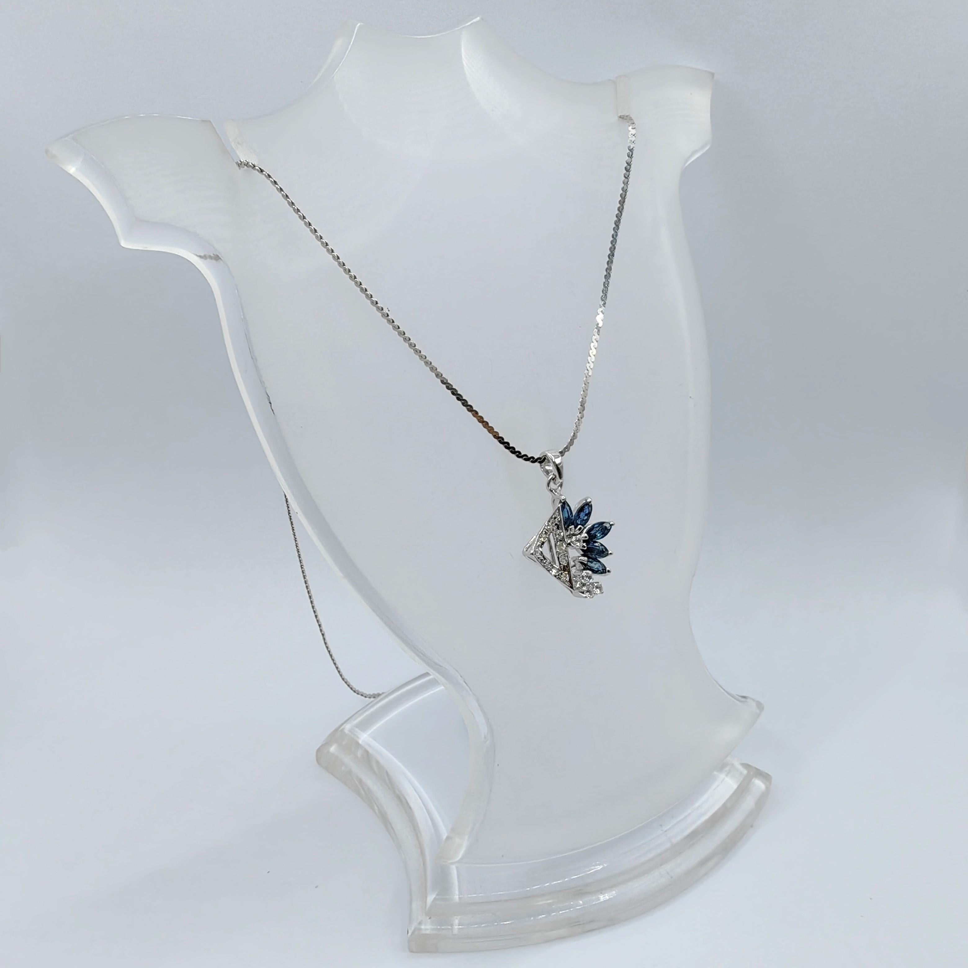 Women's Vintage Art Deco Marquise Blue Sapphire Diamond 8K White Gold Necklace Pendant For Sale