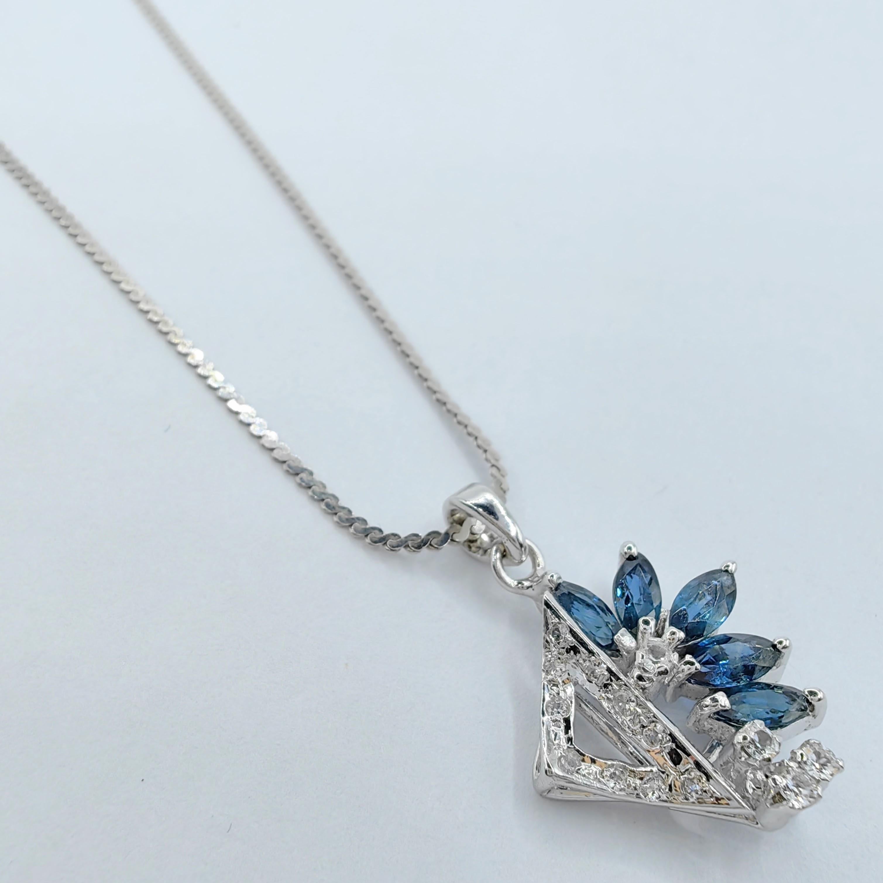 Vintage Art Deco Marquise Blue Sapphire Diamond 8K White Gold Necklace Pendant For Sale 1