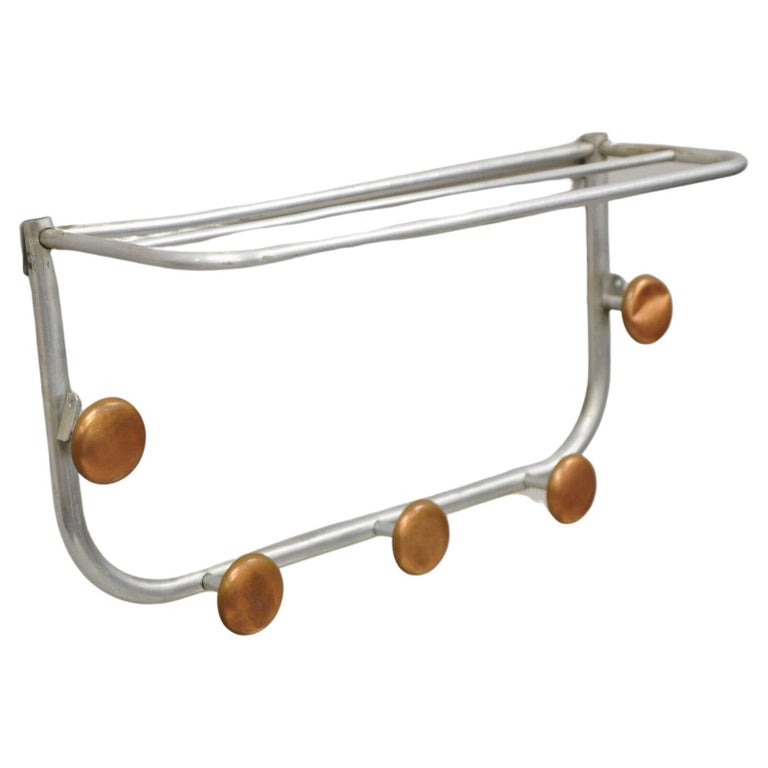 Vintage Art Deco MCM Aluminium and Copper Wall Shelf Towel Rack Coat