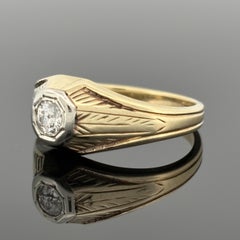 Anello da uomo vintage in stile Art Déco con diamante taglio Old European in oro 14 carati