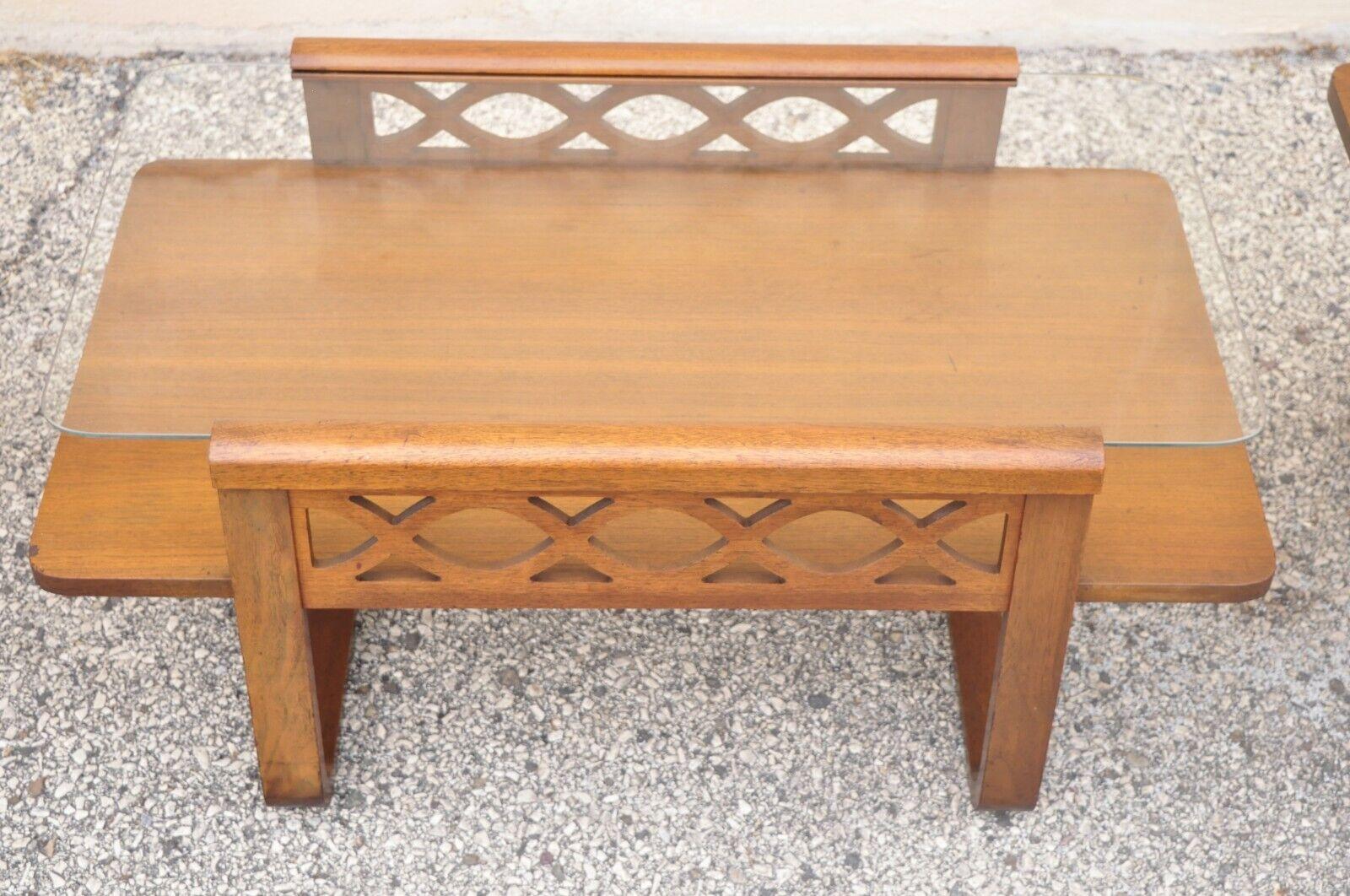 Vintage Art Deco Mid-Century Mahogany & Glass Coffee Table Set by Superior 3 Pc For Sale 6