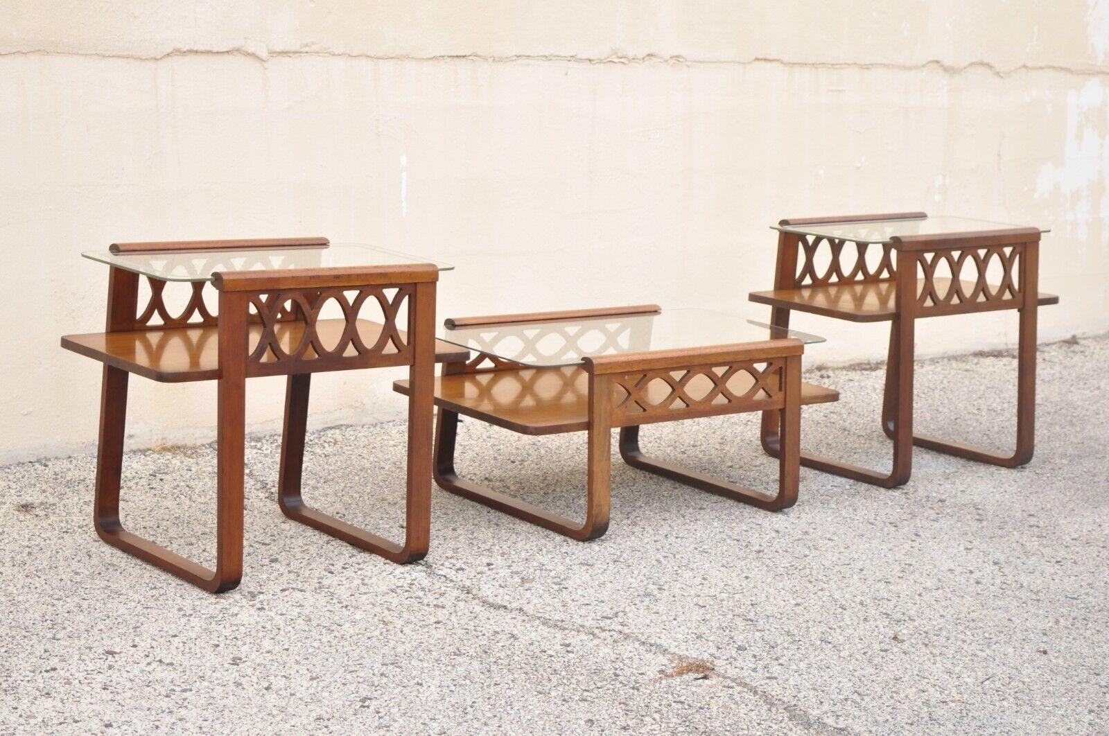 Vintage Art Deco Mid-Century Mahogany & Glass Coffee Table Set by Superior 3 Pc For Sale 7