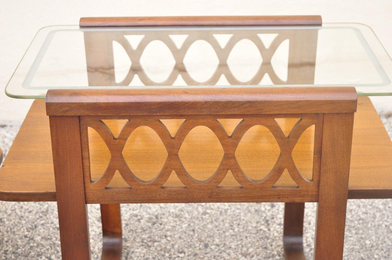 Vintage Art Deco Mid-Century Mahogany & Glass Coffee Table Set by Superior 3 Pc In Good Condition For Sale In Philadelphia, PA