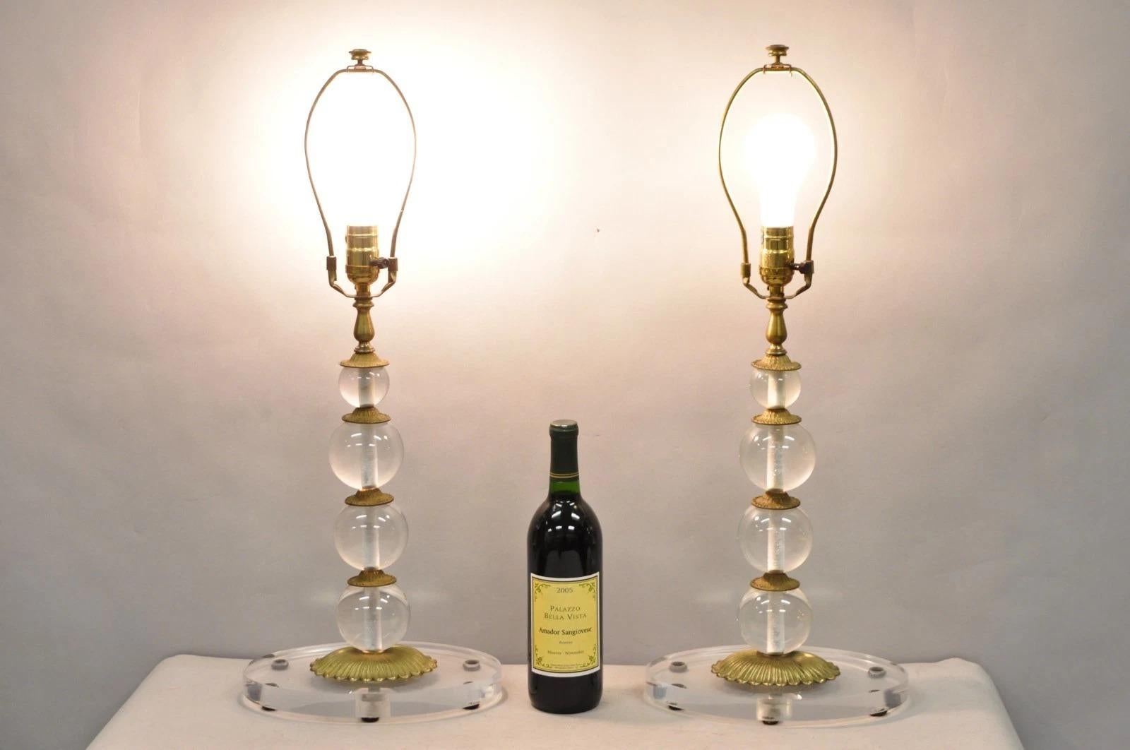 Vintage Art Deco Mid Century Modern Acrylic Lucite & Brass Stacked Ball Table Lamps - a Pair. Circa Mid 20th Century. Measurements:26 