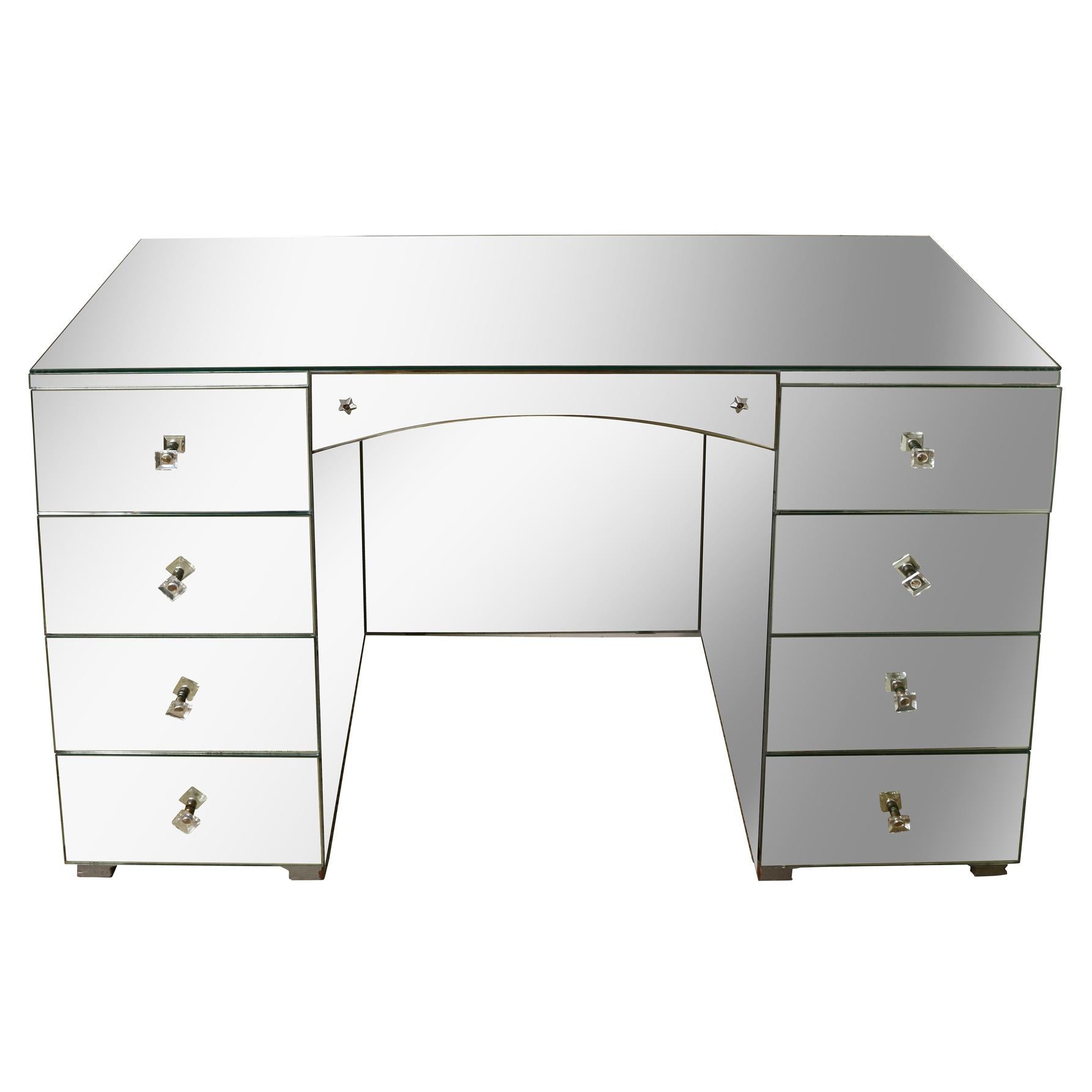 20th Century Vintage Art Deco Mirrored Desk with Eight Drawers, circa 1940