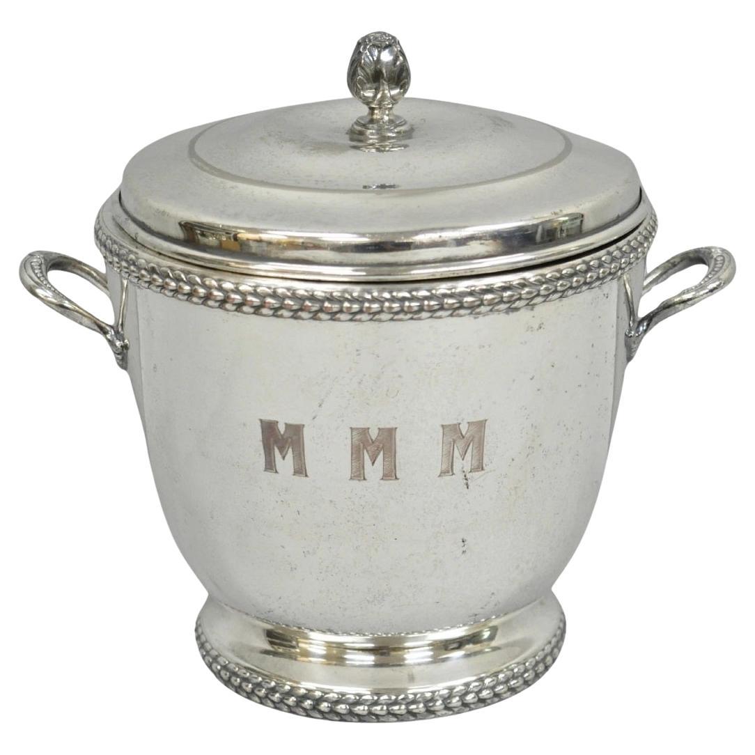 Vintage Art Deco Modern Silver Plated Lidded Ice Bucket w/ "MMM" Monogram en vente