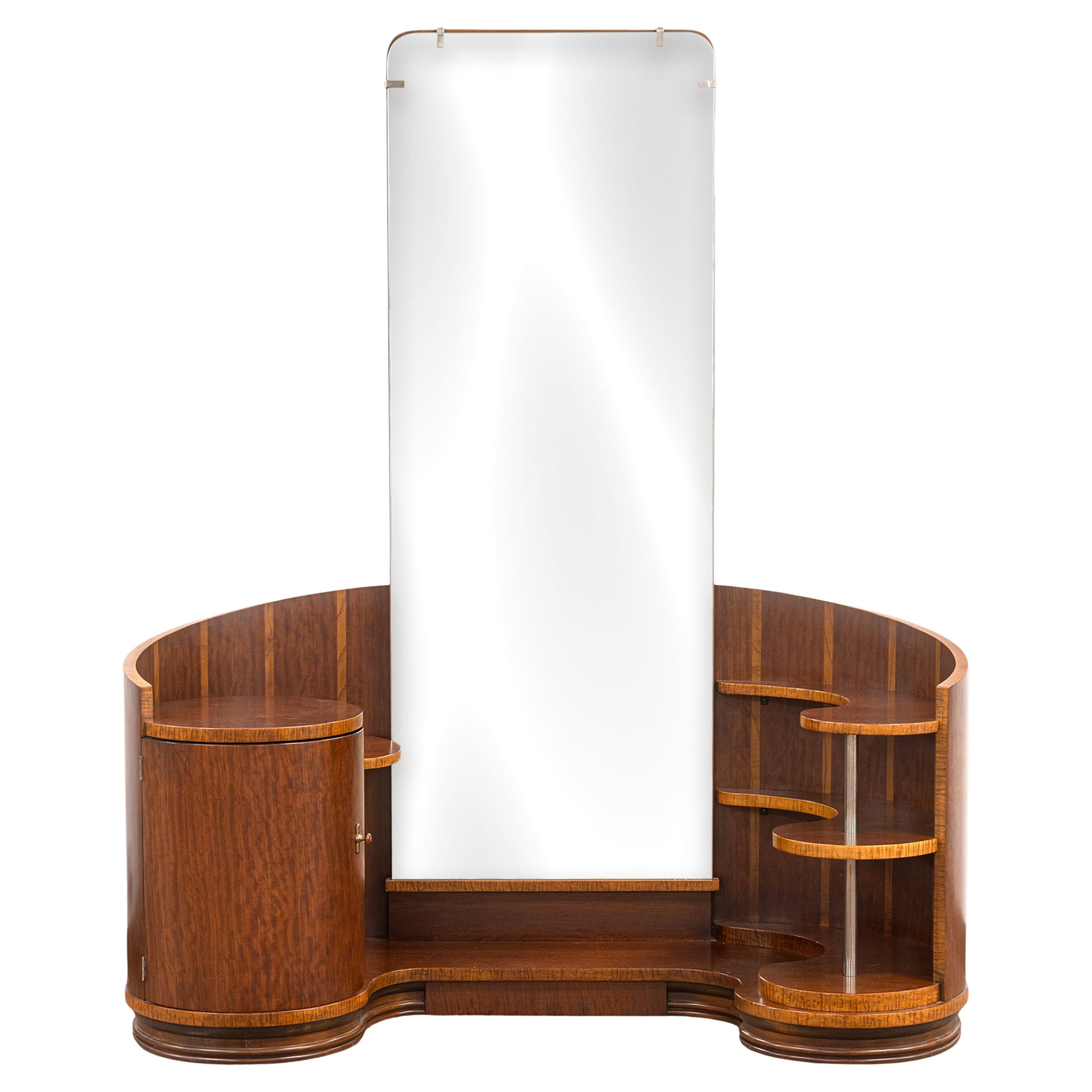 Vintage Art Deco Modernist Walnut Wood Vanity with Storage Shelving and Mirror