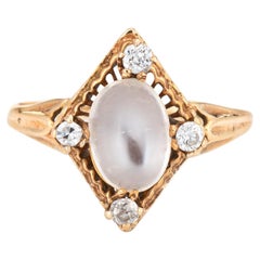 Vintage Art Deco Moonstone Diamond Ring 14k Yellow Gold Estate Fine Jewelry 6.75