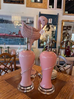 Vintage Art Deco Murano Palm Beach Pink Glass Table Lamps Newly Wired