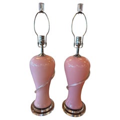 Vintage Art Deco Murano Palm Beach Pink Glass Table Lamps Newly Wired