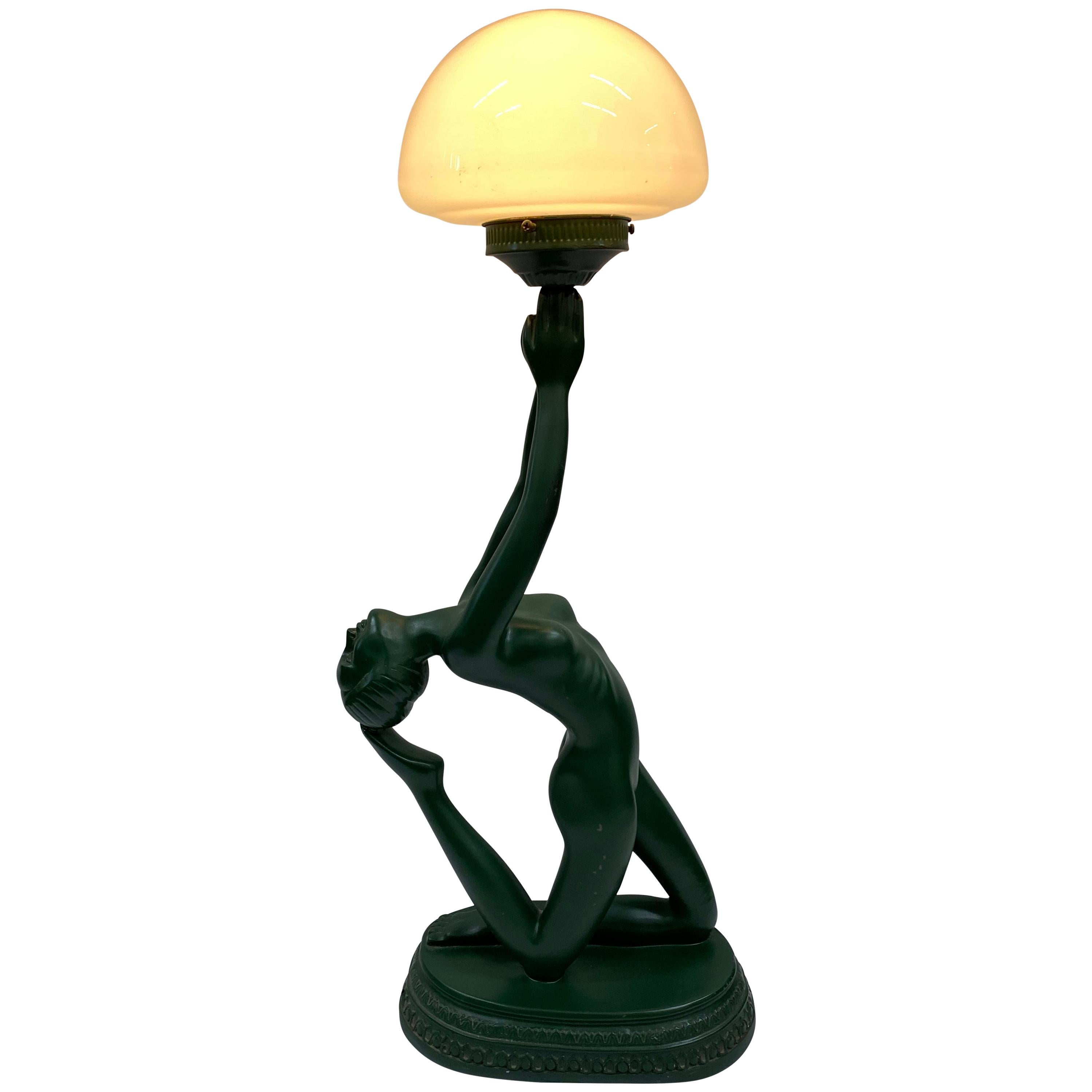 Vintage Art Deco Naked Woman Holding Globe Table Lamp