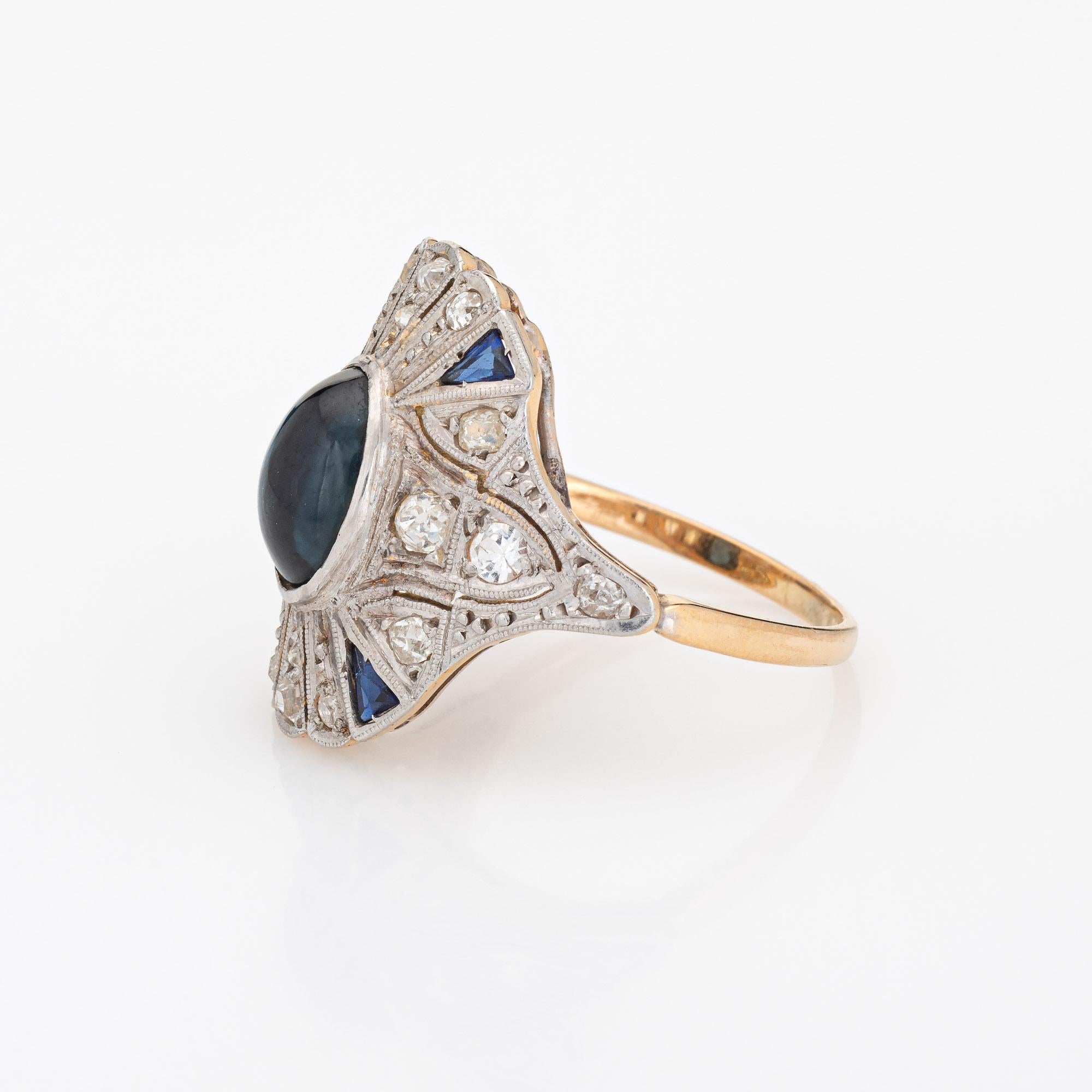 Cabochon Vintage Art Deco Natural Sapphire Diamond Ring 18k Gold Platinum Cocktail