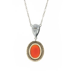 Vintage Art Deco Necklace Carnelian Green Enamel 14k White Gold