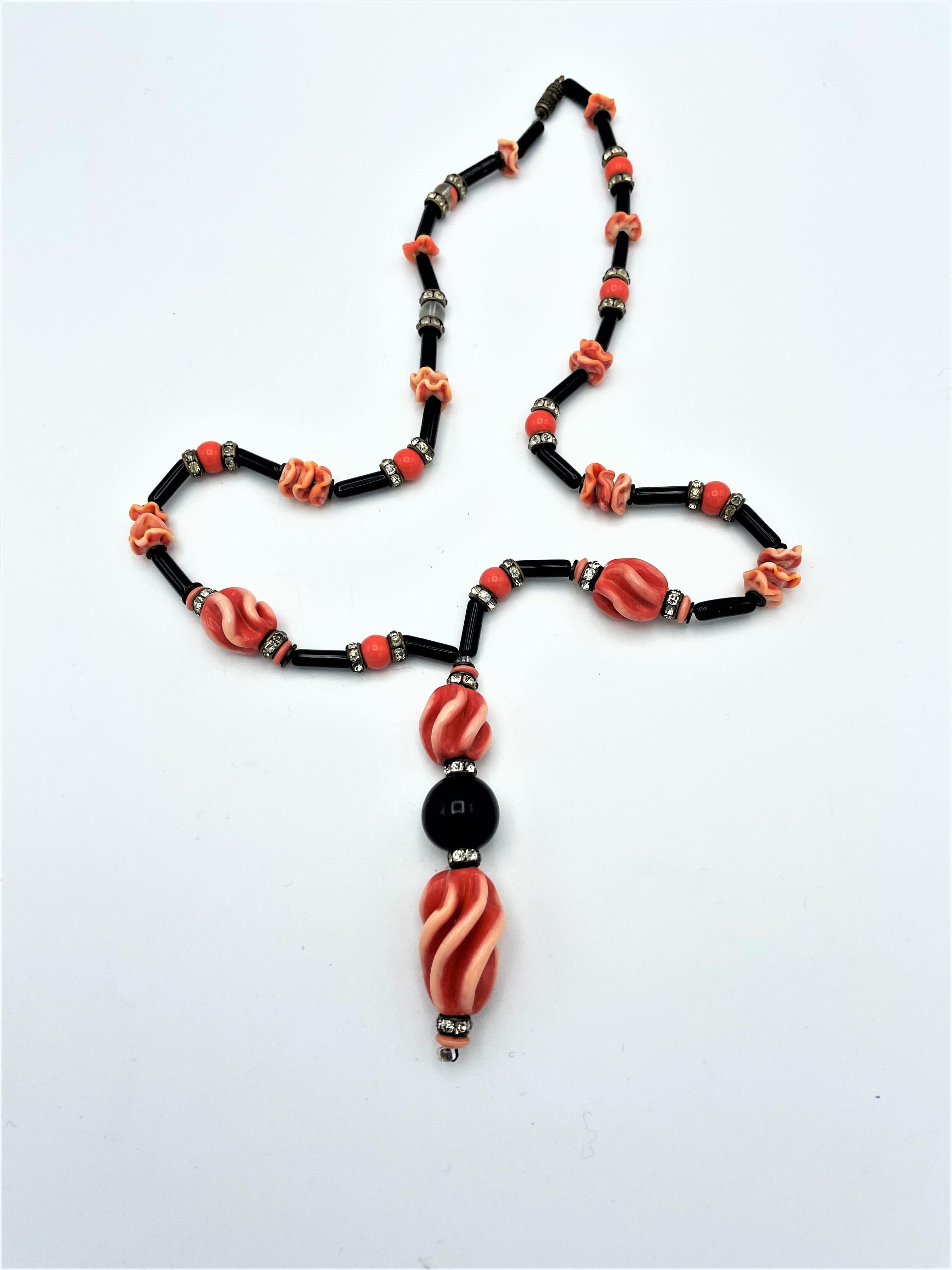 Vintage Art Deco necklace, France, black orange glass and rhinestones, 1940s For Sale 5