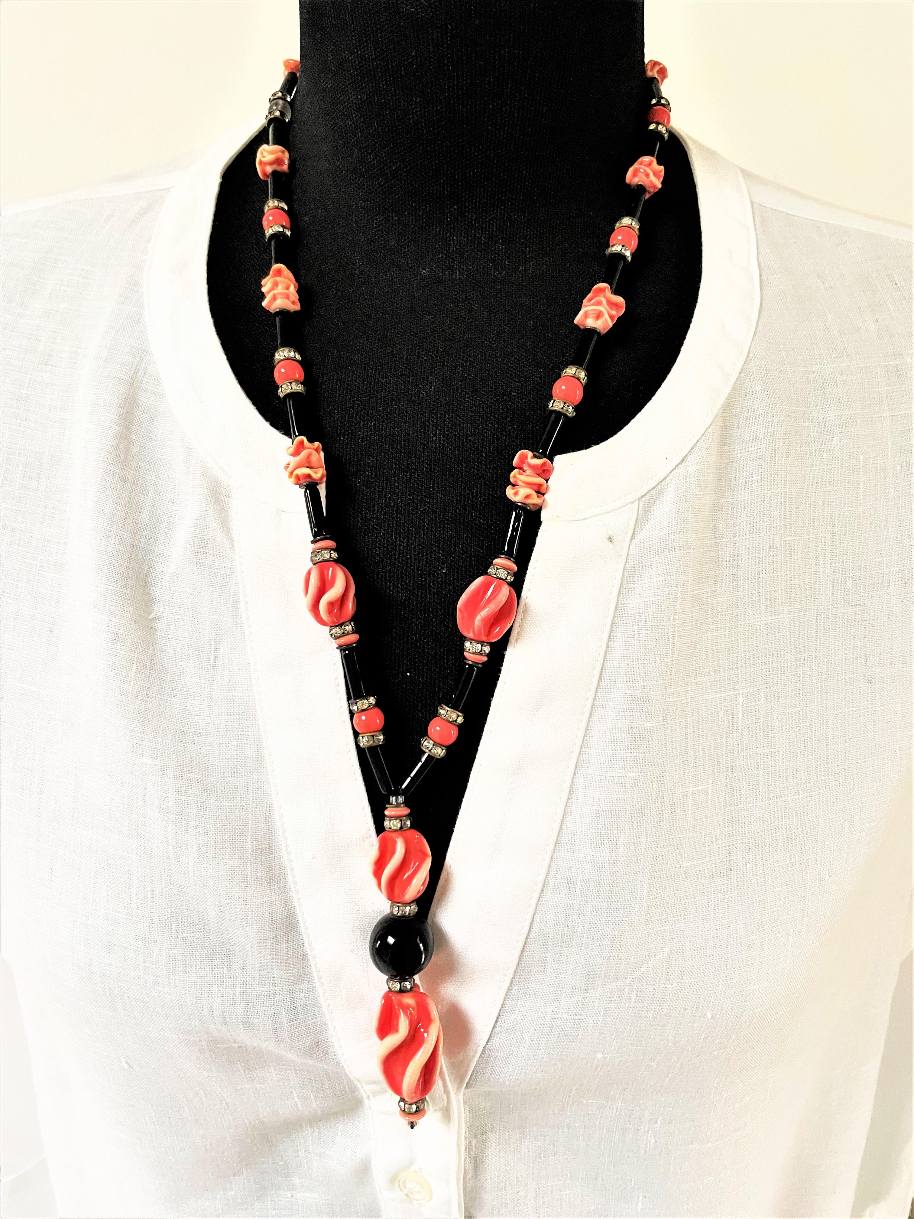 Vintage Art Deco necklace, France, black orange glass and rhinestones, 1940s For Sale 6