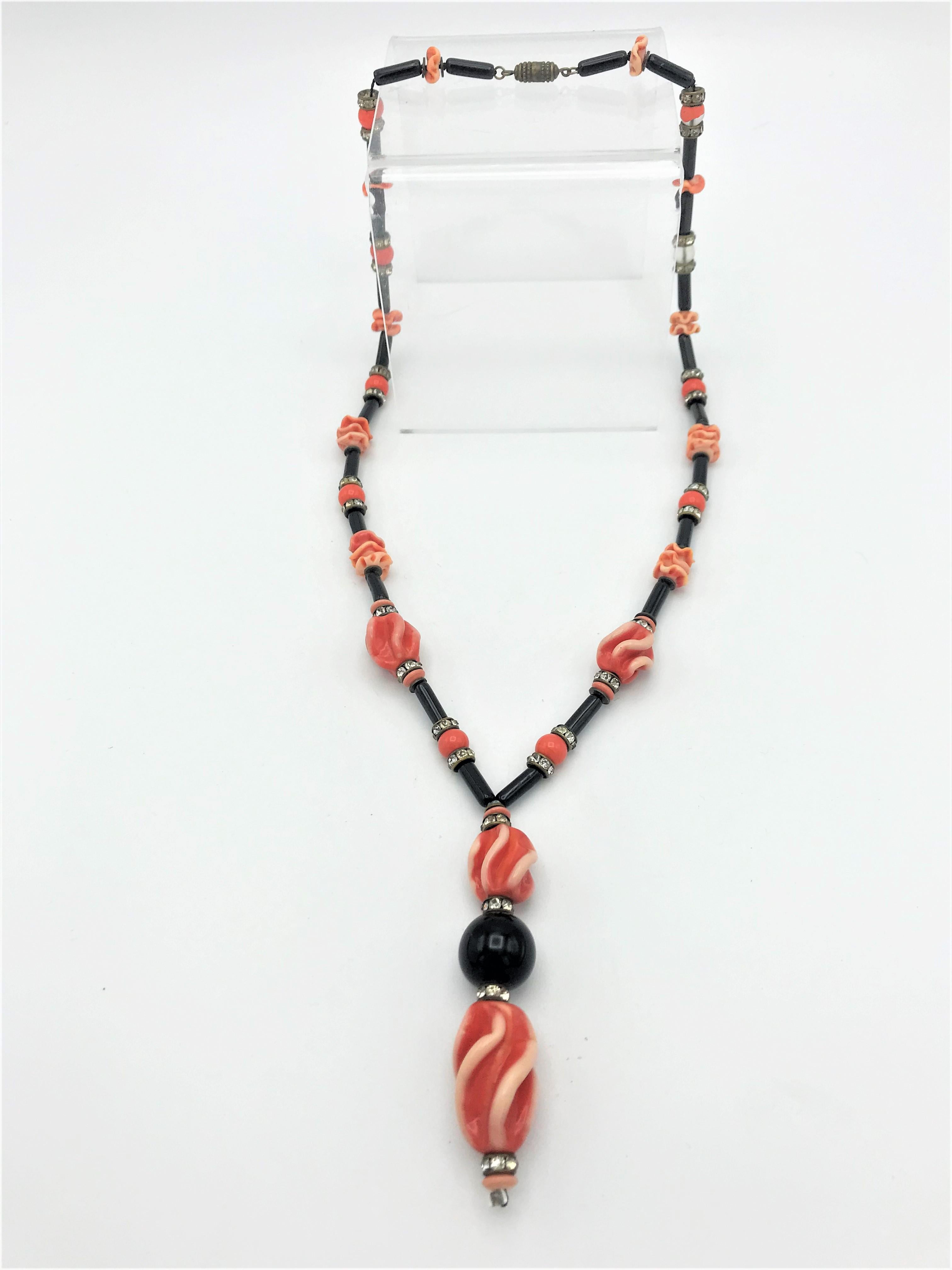 Vintage Art Deco necklace, France, black orange glass and rhinestones, 1940s In Good Condition For Sale In Stuttgart, DE