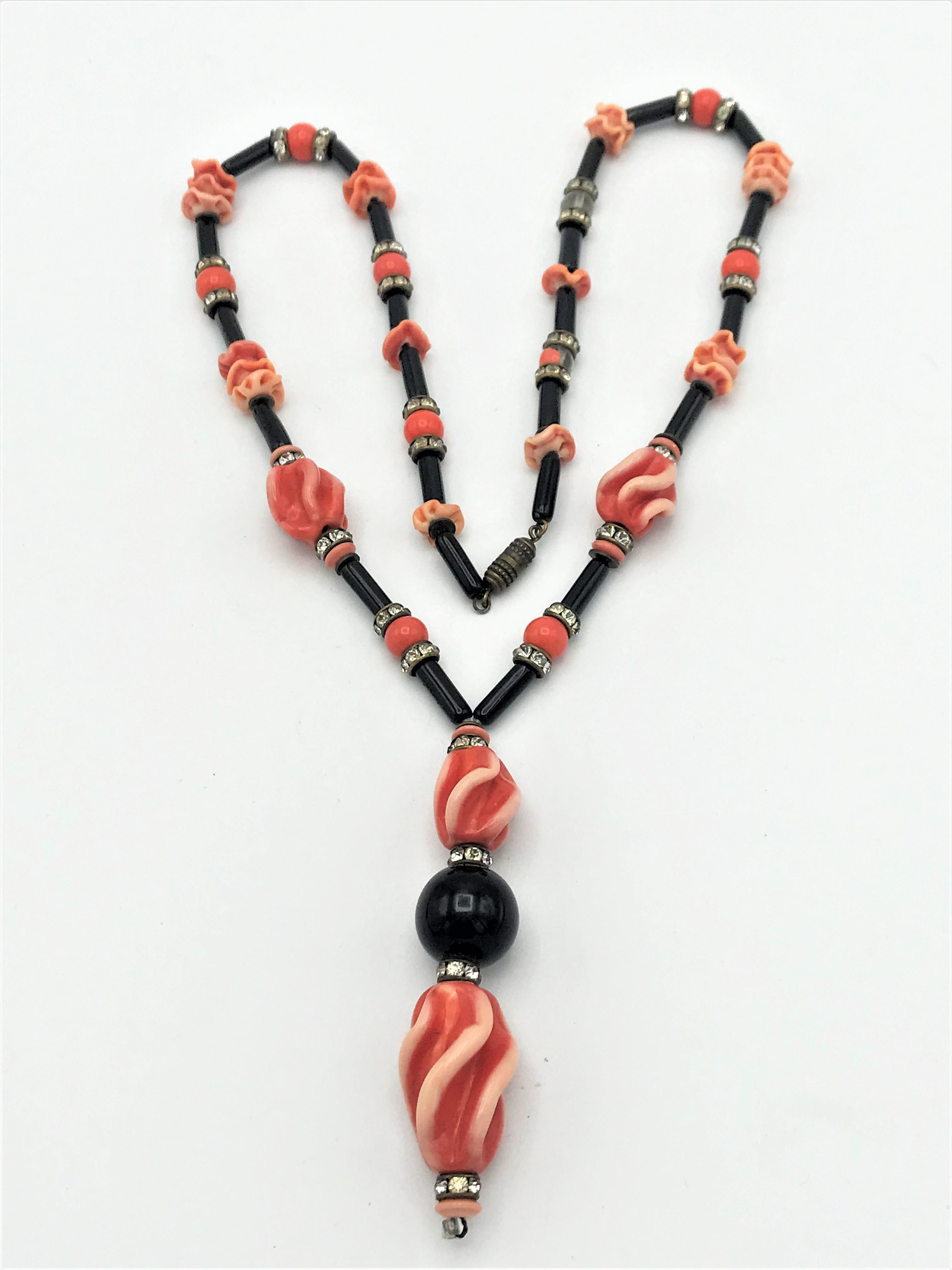 Vintage Art Deco necklace, France, black orange glass and rhinestones, 1940s For Sale 1