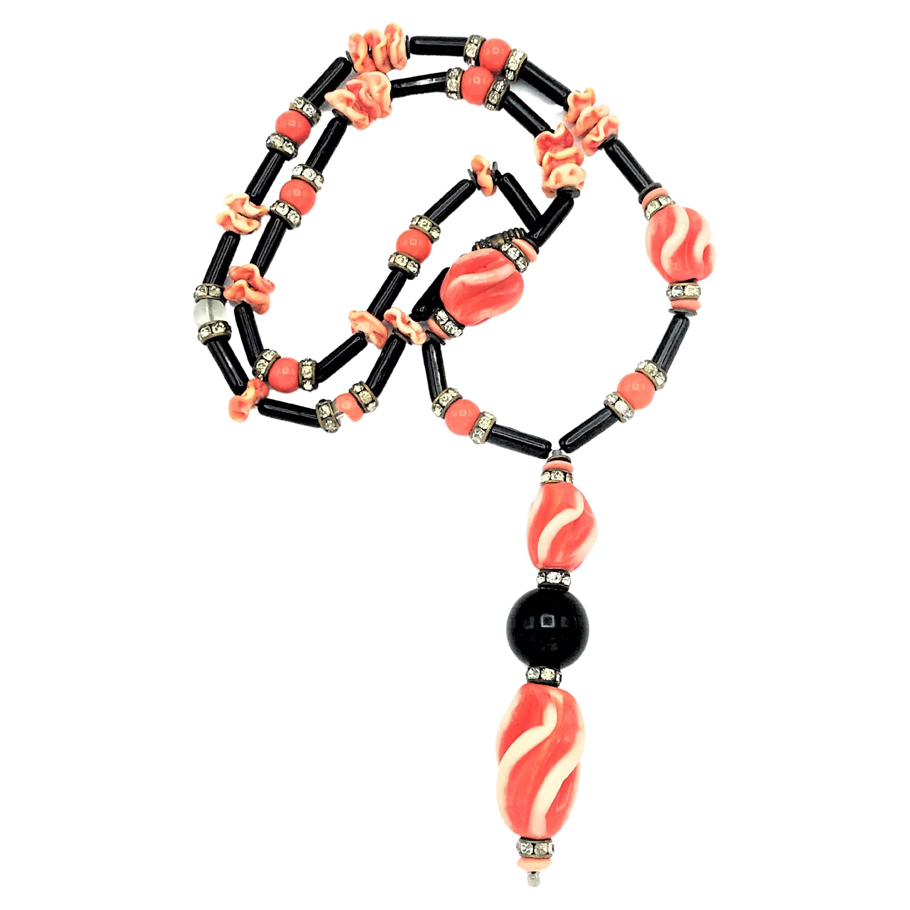 Vintage Art Deco necklace, France, black orange glass and rhinestones, 1940s For Sale