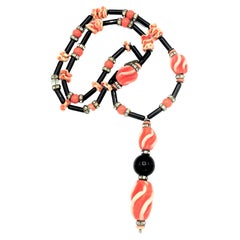 Vintage Art Deco necklace, France, black orange glass and rhinestones, 1940s