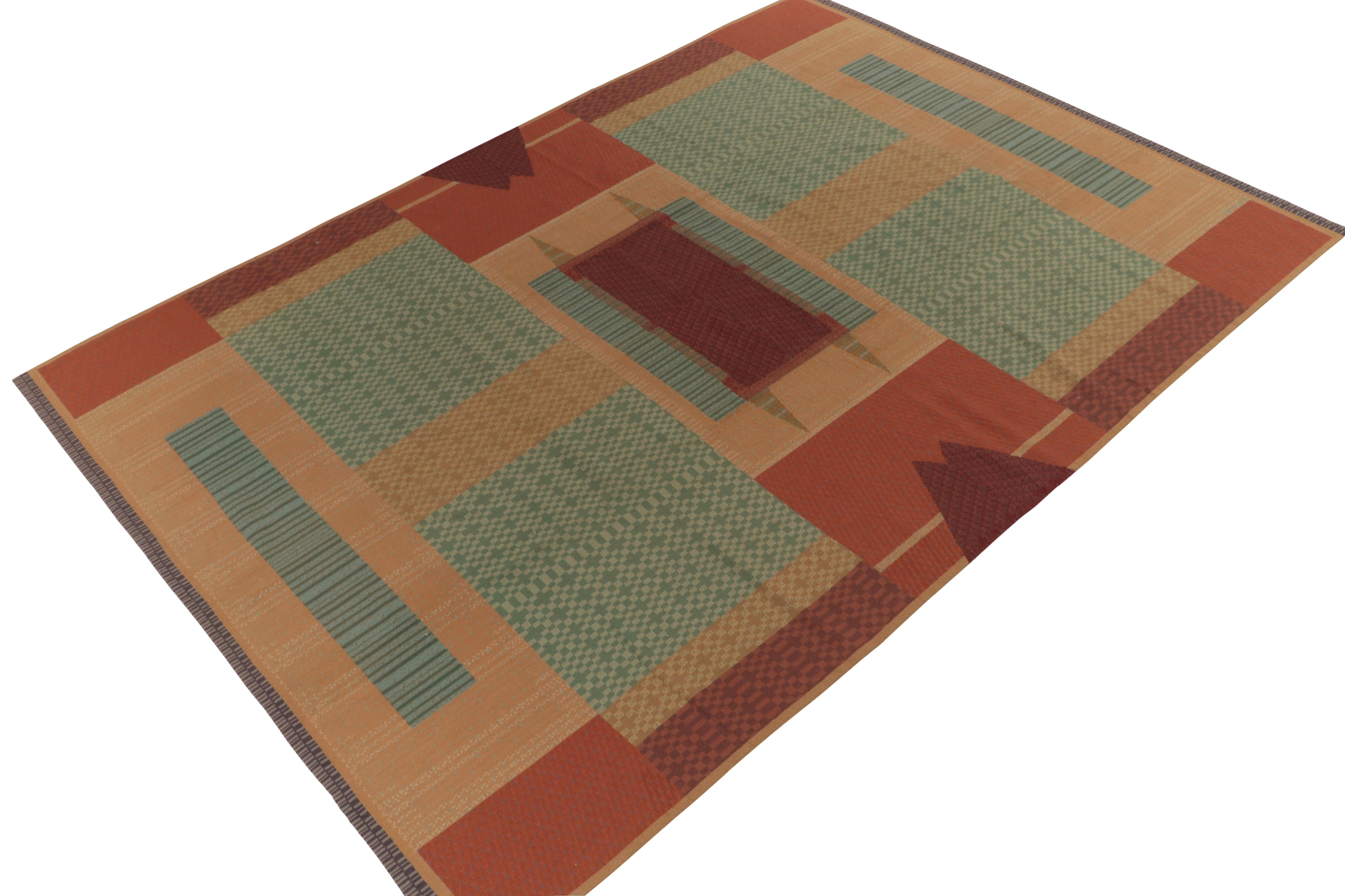 Among the works of Rug & Kilim in collaboration with revered colleague Teddy Sumner, an all-wool needlepoint handmade circa 1980-1990. This particular rug reimagines architectural, classic Art Deco elements in a bold, modern beige-brown & teal