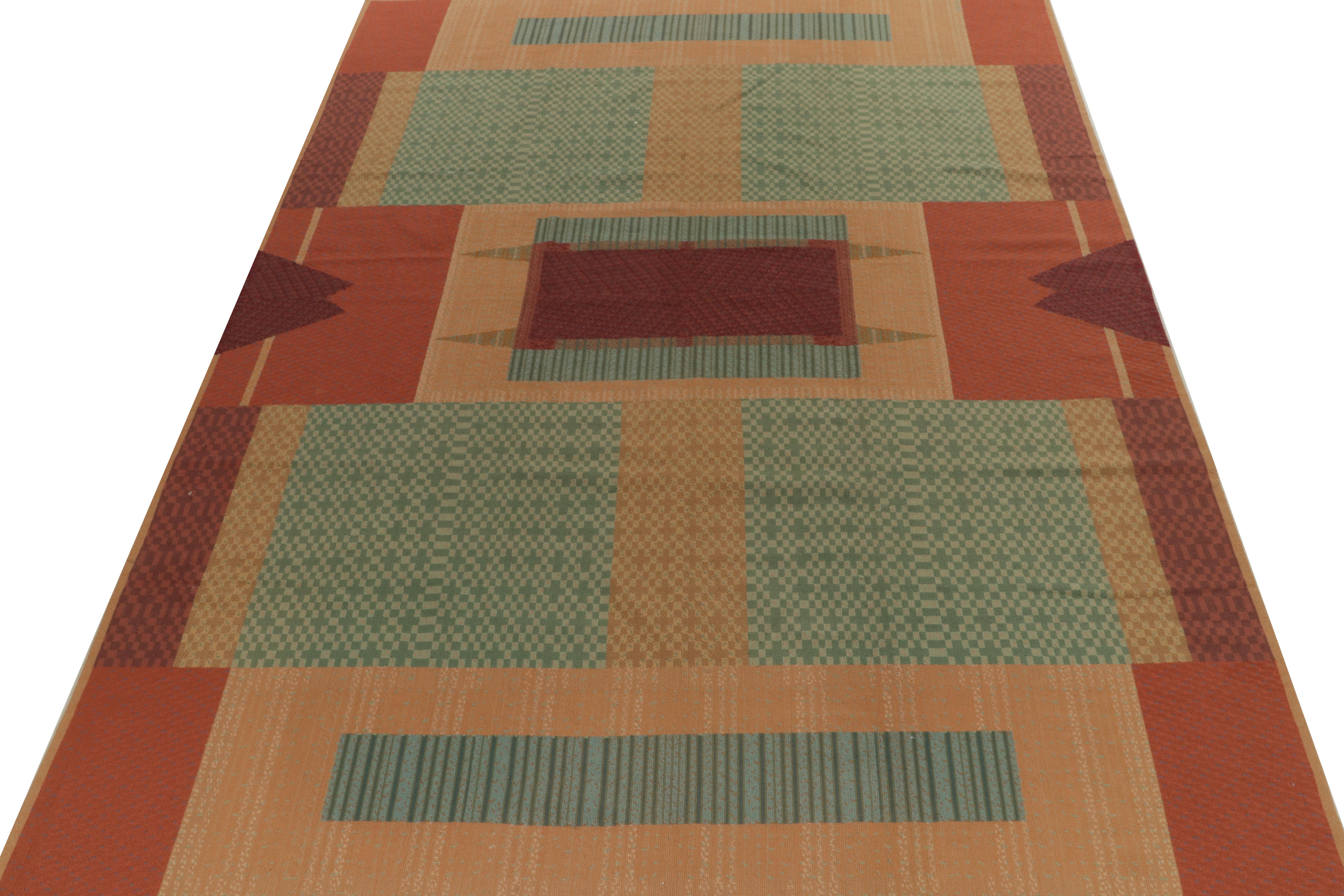 Chinese Vintage Art Deco Needlepoint Rug in Beige, Red Geometric Patterns by Rug & Kilim For Sale