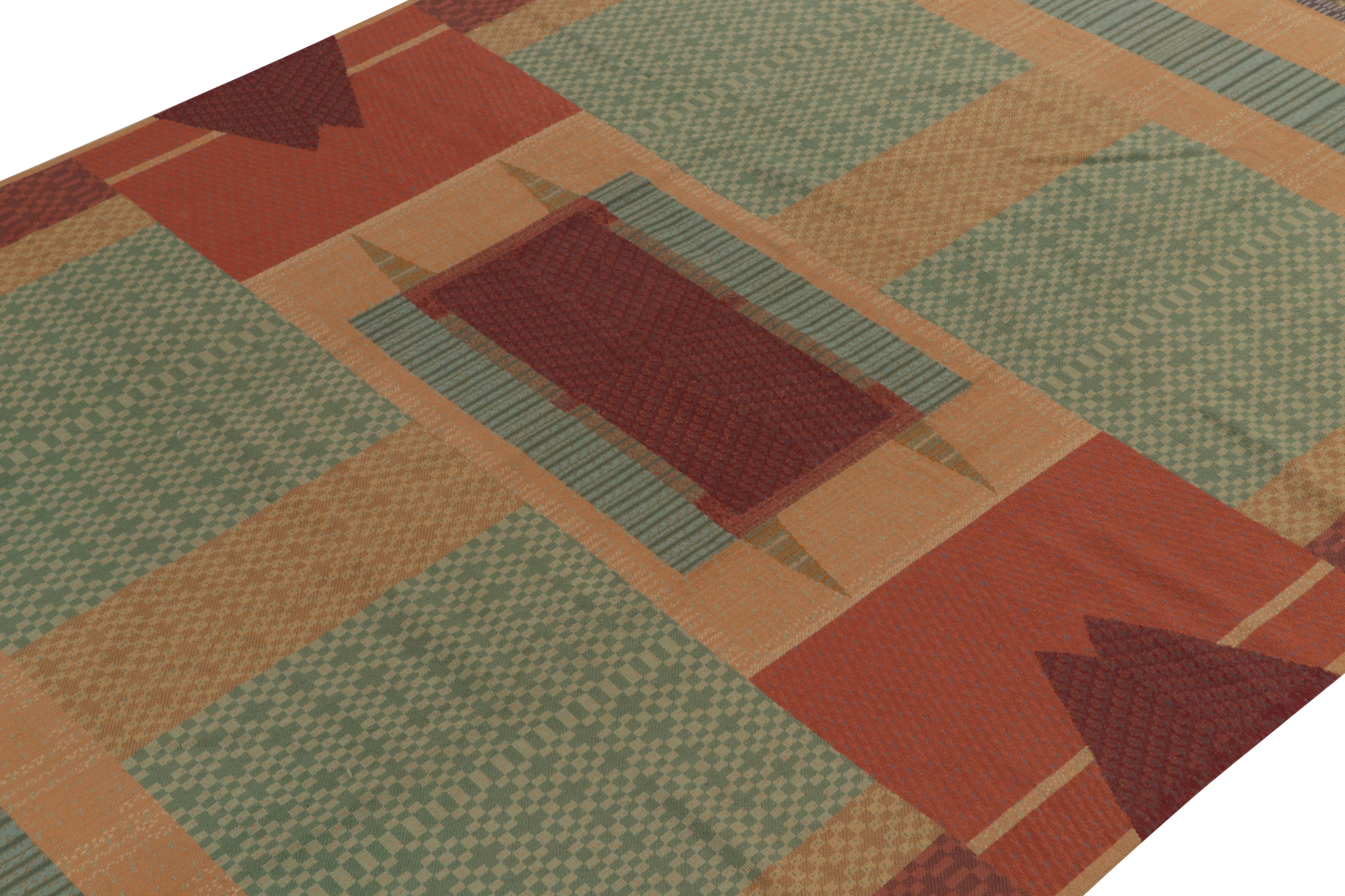 Hand-Knotted Vintage Art Deco Needlepoint Rug in Beige, Red Geometric Patterns by Rug & Kilim For Sale