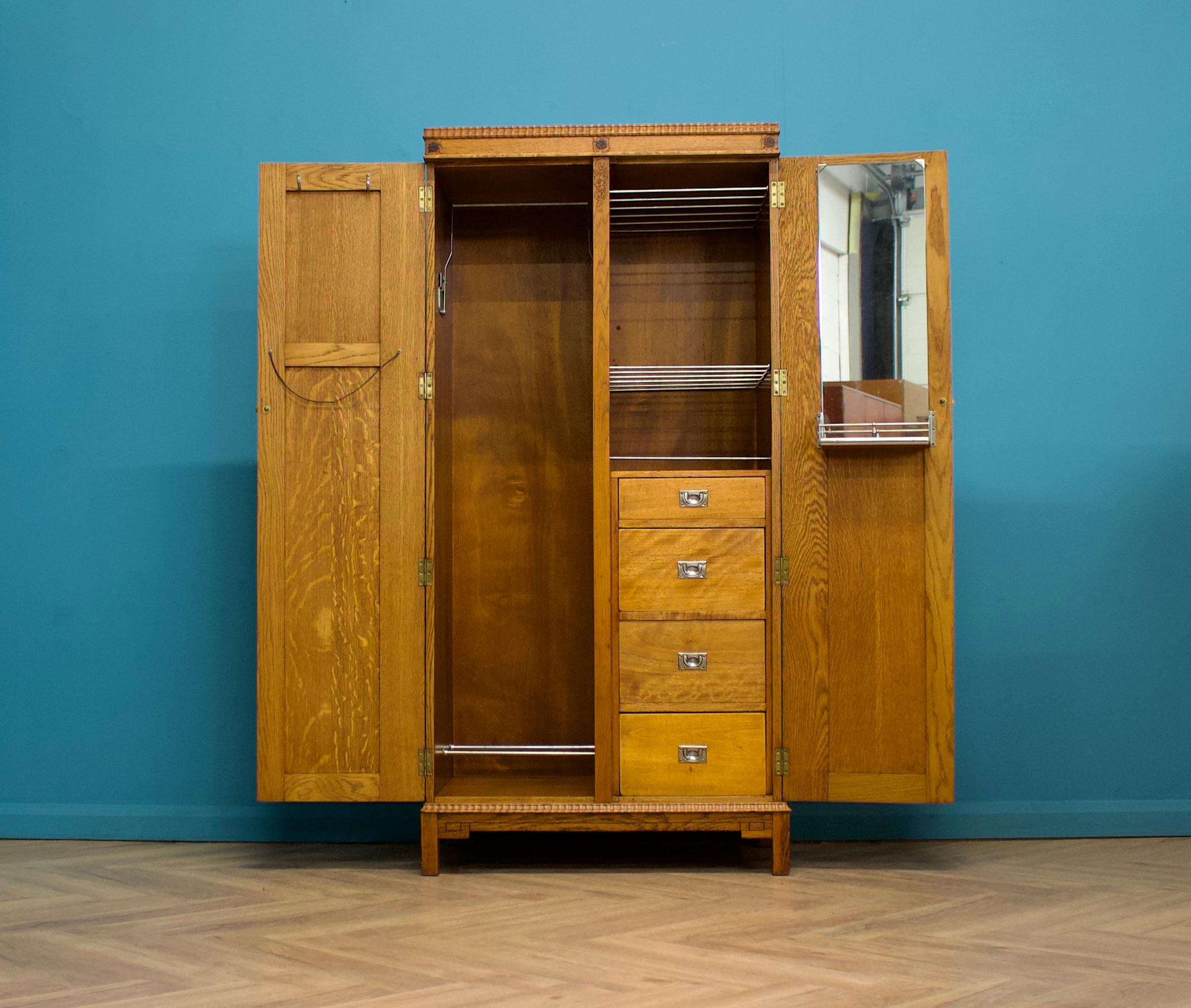 British Vintage Art Deco Oak Compactum Wardrobe, 1930s