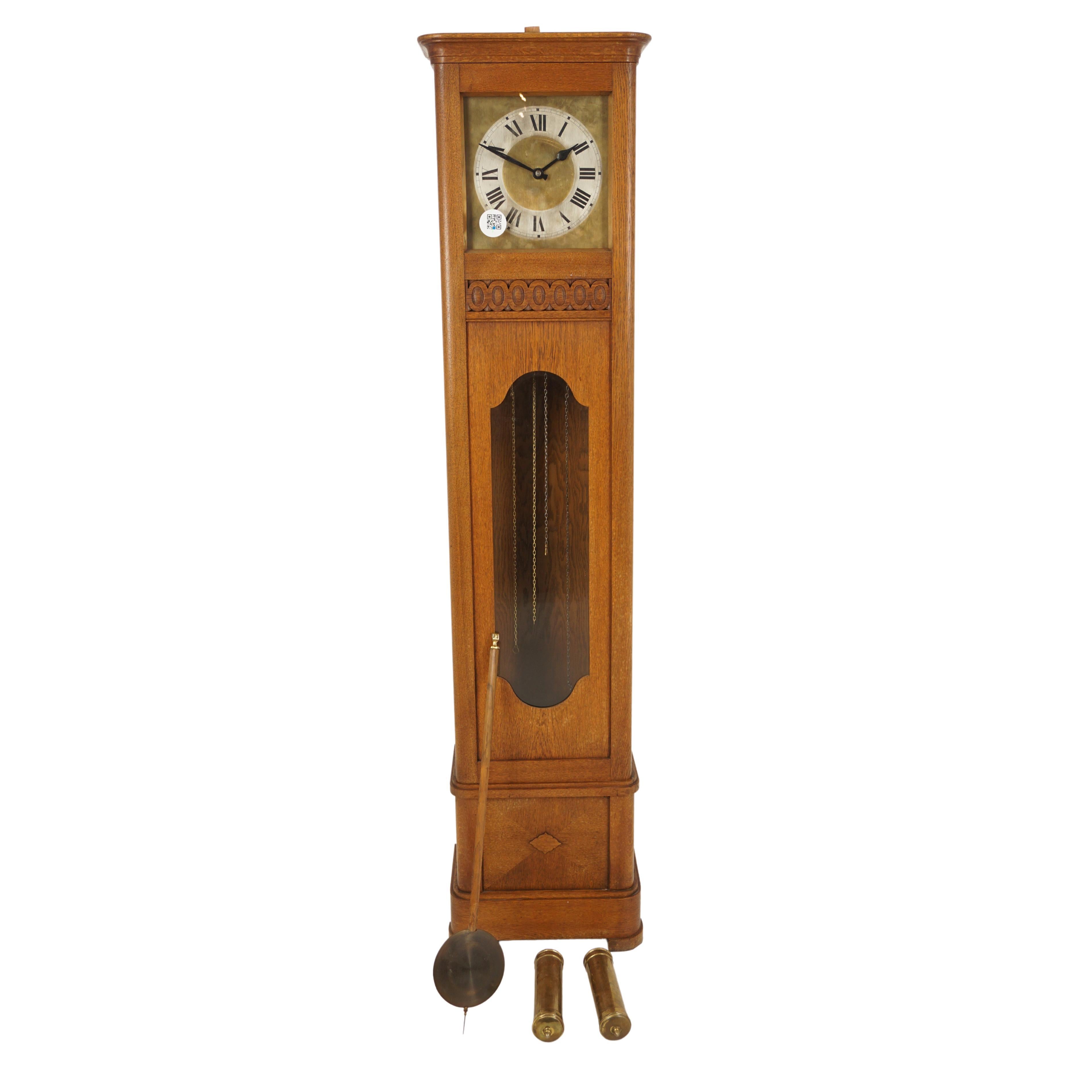 Horloge grand-père vintage Art Déco en chêne, horloge à long boîtier, Écosse, 1930