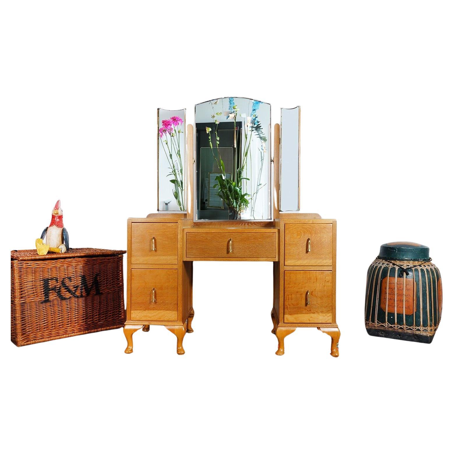 Vintage Art Deco Oak Mirrored Dressing Table