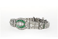 Vintage Art Deco Old Euro Cut Diamond and Emerald Bracelet in Platinum