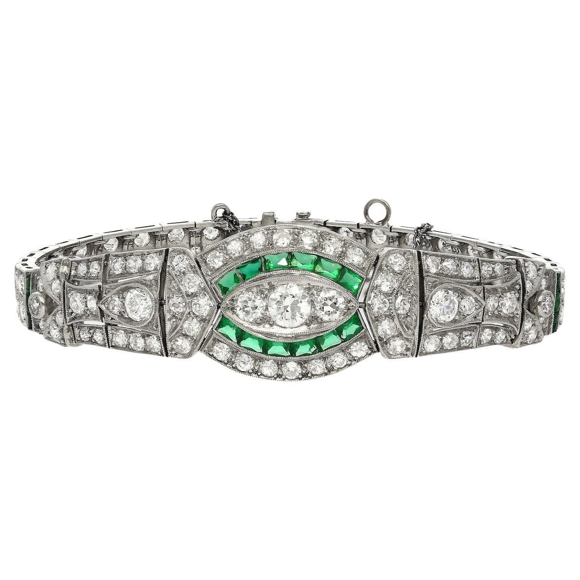 Vintage Art Deco Old Euro Cut Diamond and Emerald Bracelet in Platinum For Sale