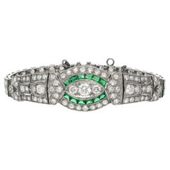 Vintage Art Deco Old Euro Cut Diamond and Emerald Bracelet in Platinum
