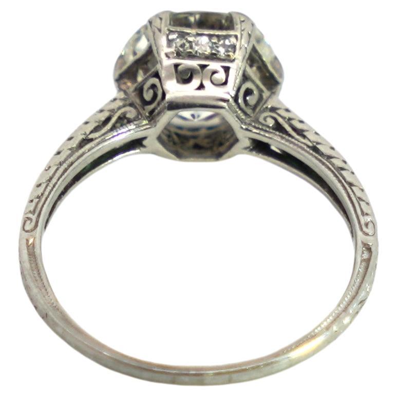 Vintage Art Deco Old European Cut Diamond and Emerald Platinum Engagement Ring For Sale 1