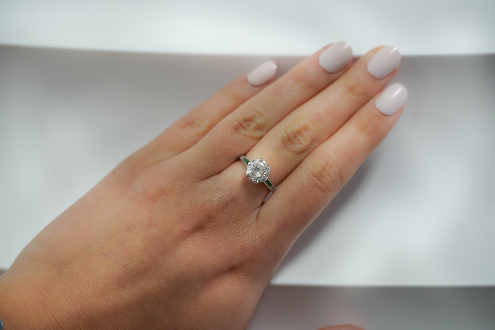 Vintage Art Deco Old European Cut Diamond and Emerald Platinum Engagement Ring For Sale 5
