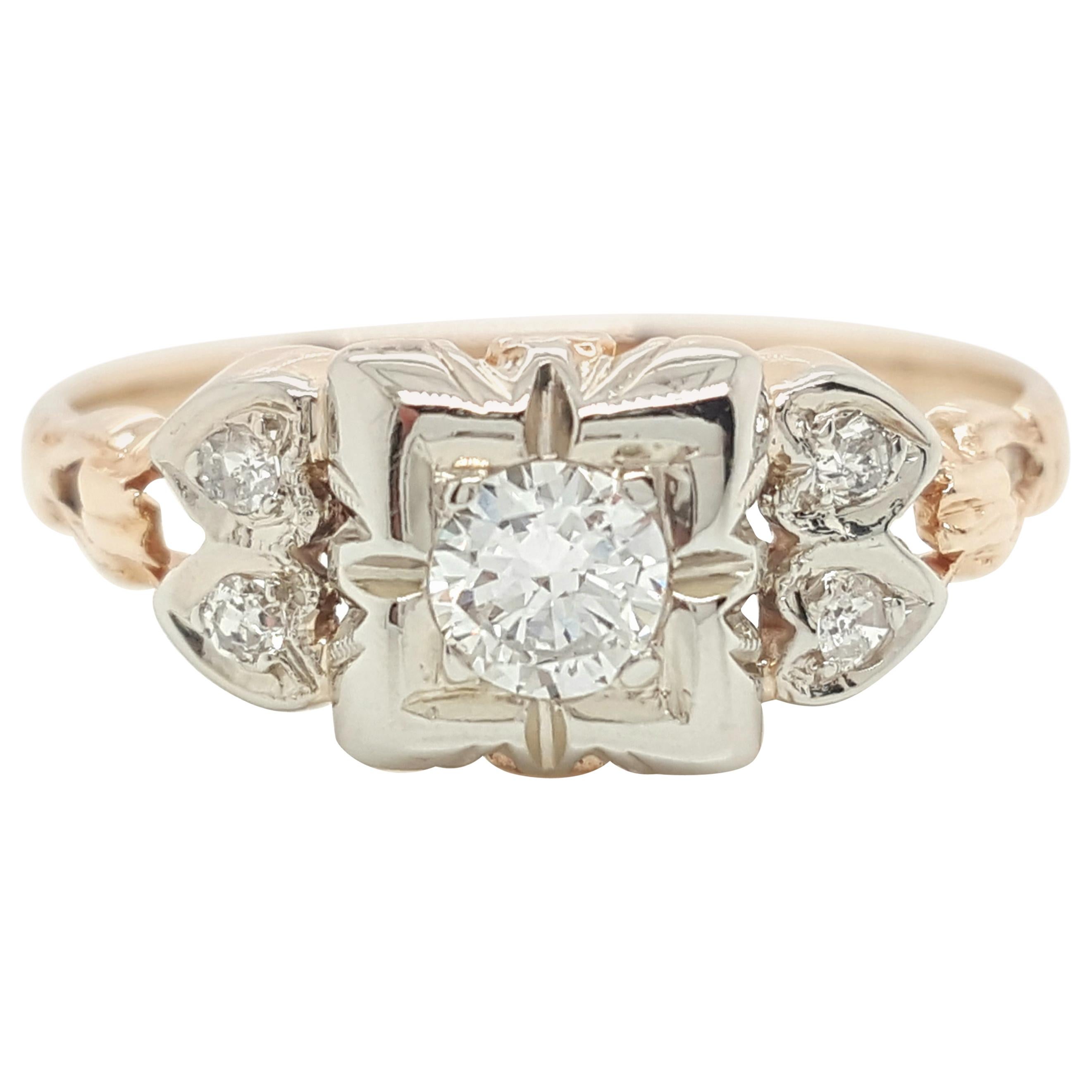 Vintage Art Deco Old European Cut Diamond Two-Tone Gold Engagement Ring
