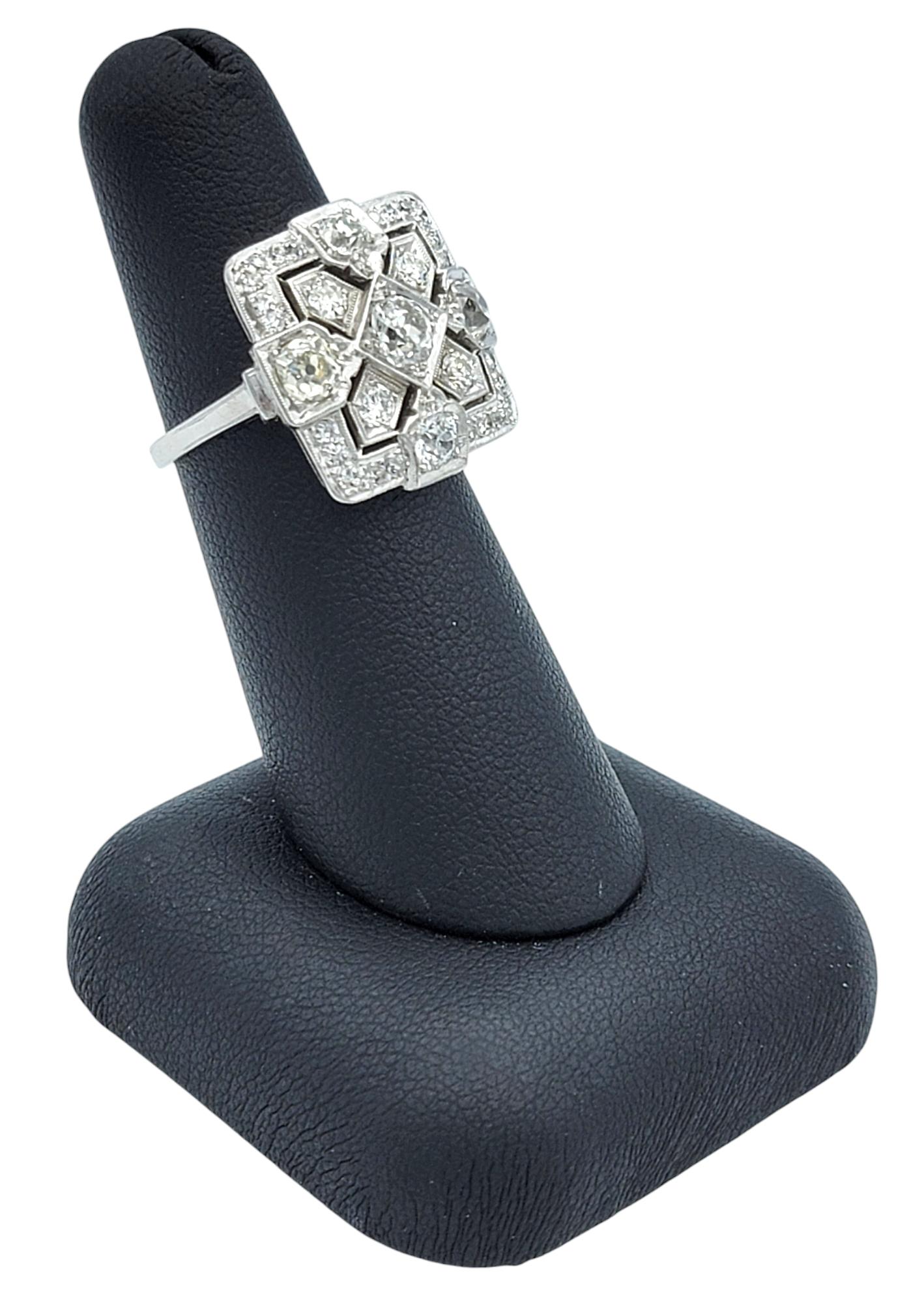 A Single Cocktail Rings Vintage Art Deco Old Mine and Single Cut Diamond Squared Platinum ...