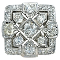 Vintage Art Deco Old Mine and Single Cut Diamond Squared Platinum Cocktail Ring