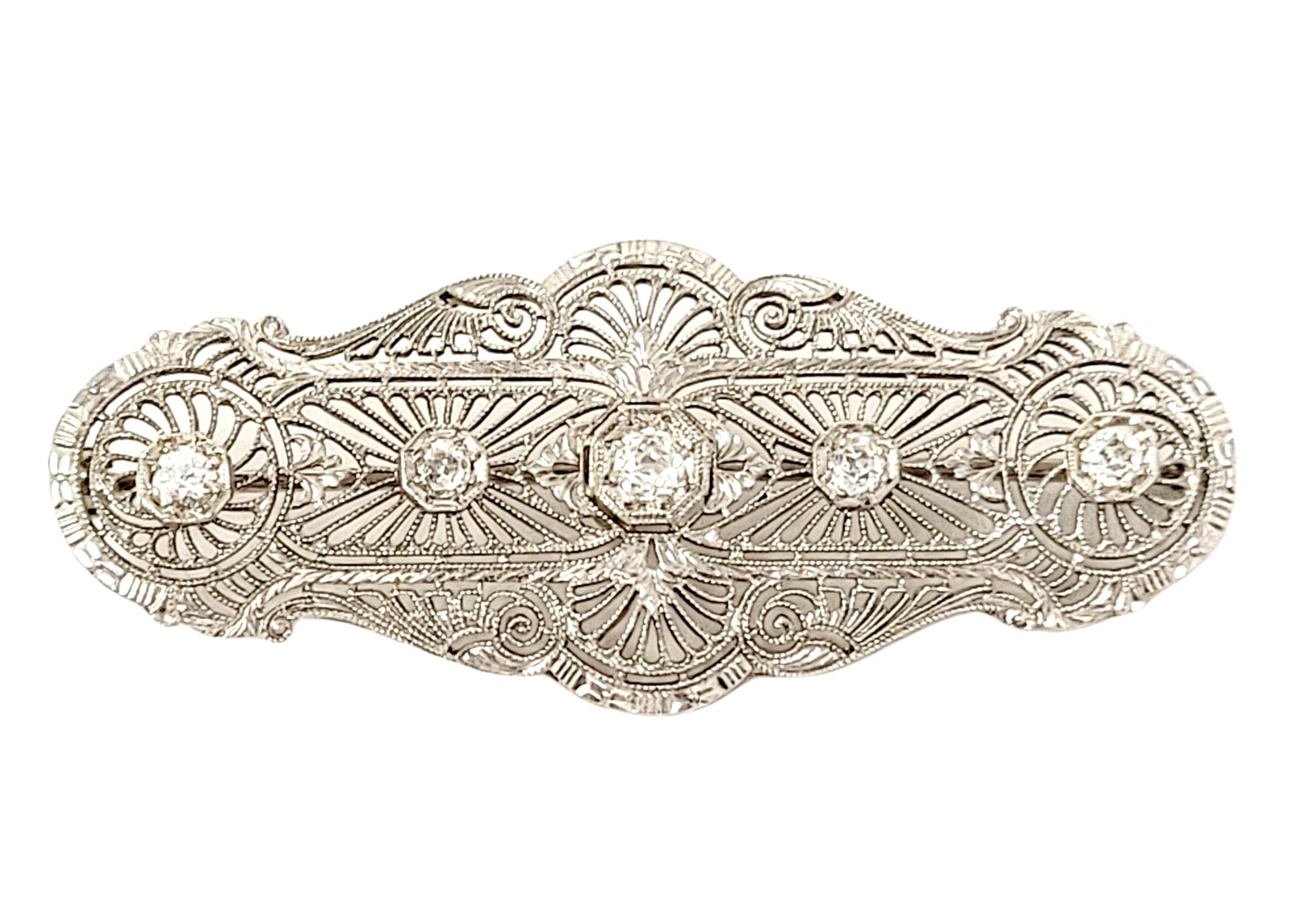 Vintage Art Deco Old Mine Cut Diamond Filigree Brooch 14 Karat White Gold In Good Condition For Sale In Scottsdale, AZ