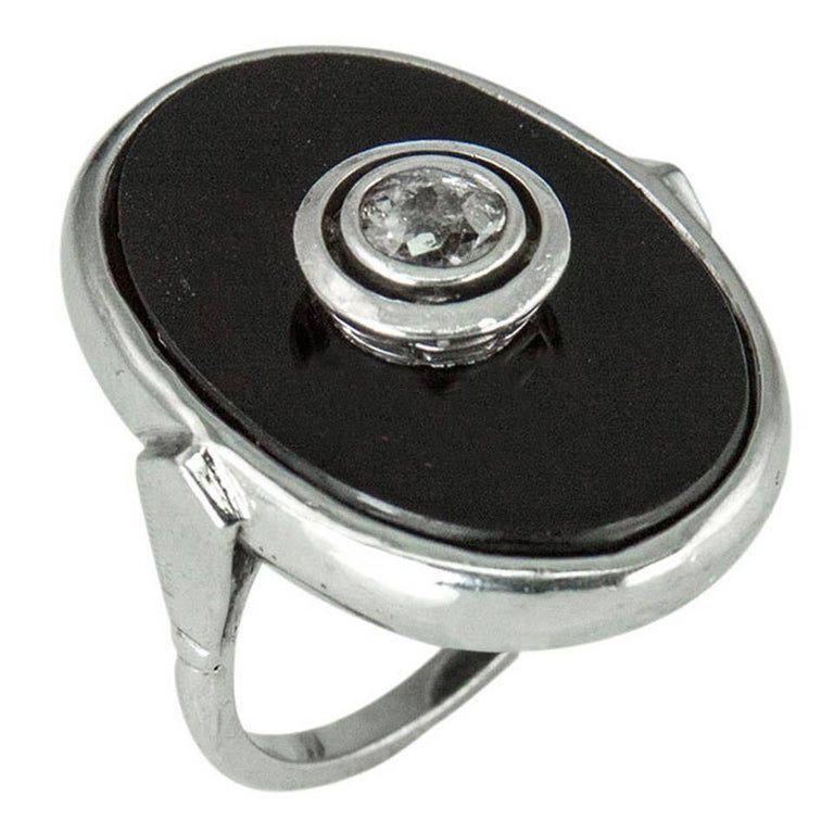 Bague d'affirmation de succession Art déco vintage en or, onyx et diamants Excellent état - En vente à Montreal, QC