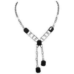 Vintage Art Deco Onyx 
Clear Crystals Sterling Necklace