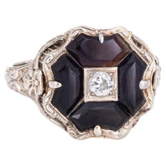 Vintage Art Deco Onyx Diamond Ring 14k White Gold Filigree Estate Jewelry