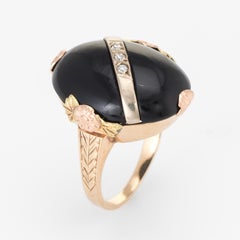Vintage Art Deco Onyx Diamond Ring Two Tone 10 Karat Gold Cocktail Fine Jewelry