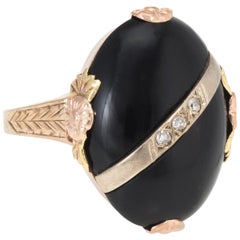 Vintage Art Deco Onyx Diamond Ring Two Tone 10 Karat Gold Cocktail Fine Jewelry