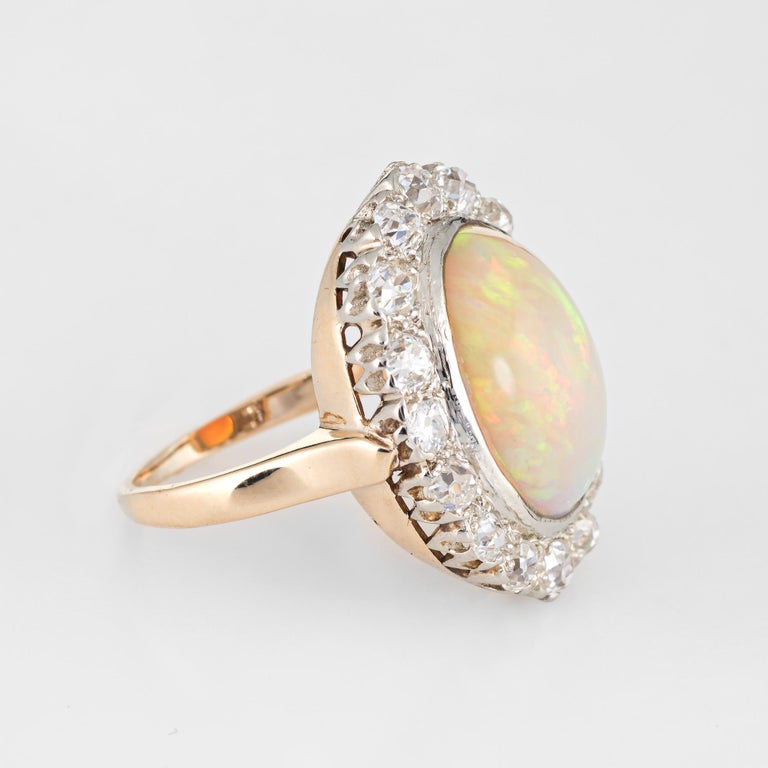 Cabochon Vintage Art Deco Opal 1.60ct Mine Cut Diamond Ring 14k Yellow Gold Cocktail For Sale