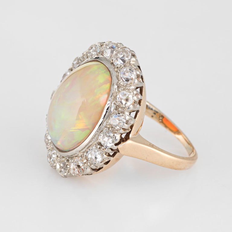 Vintage Art Deco Opal 1.60ct Mine Cut Diamond Ring 14k Yellow Gold Cocktail In Excellent Condition For Sale In Torrance, CA