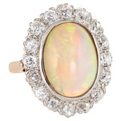 Antique Art Deco Opal 1.60ct Mine Cut Diamond Ring 14k Yellow Gold Cocktail