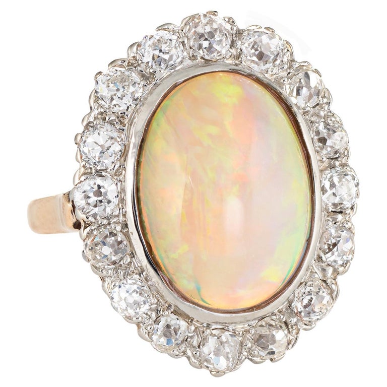 Vintage Art Deco Opal 1.60ct Mine Cut Diamond Ring 14k Yellow Gold Cocktail For Sale